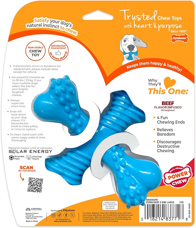 Nylabone Power Chew Comfort Hold X Bone Dog Chew Toy, Beef Flavor, Large | Large breeds, durable dog toys for dogs up to 50 lbs, teeth-cleaning textures, discourages destructive chewing, long lasting