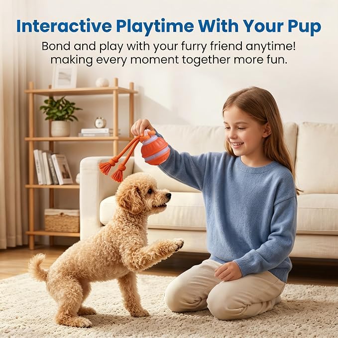 Interactive Dog Toys Automatic Rolling Ball with Rope Blue | Motion-Activated Play, Random Moving Electric Dog Ball with Sounds, Mental Stimulation, For Puppy Small Medium Dogs