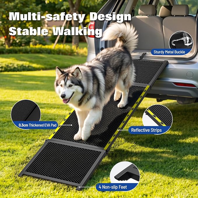 74" L x 20" W Extra Long Dog Ramp for Car - Wider Portable Pet Ramp for Large Dogs, Foldable Dog Car Ramps for Truck, SUV, RV & Bed, Outdoor Dogs Ramps with Non-Slip Mesh Supports Up to 250LBS, Black