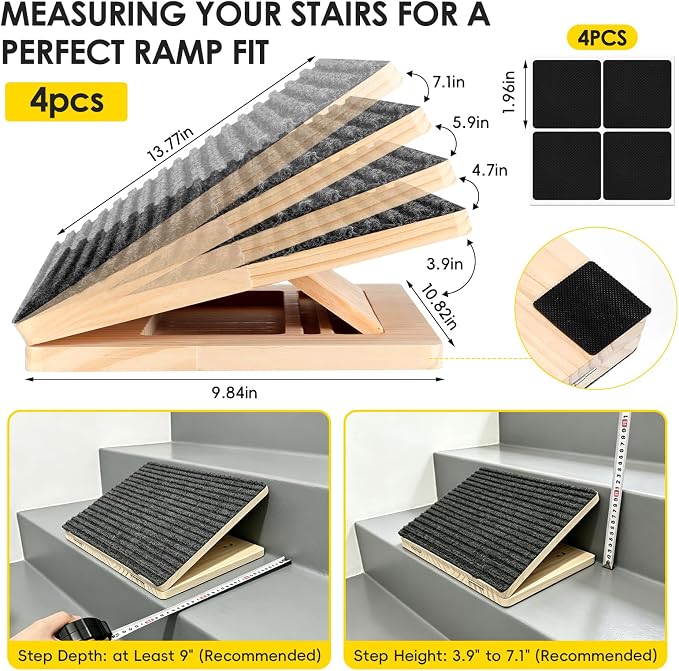 4-Pack Solid Wood Dog Ramp for Stairs – 4 Heights (4"-7") Adjustable Pet Steps, Non-Slip Surface & Silicone Corner Pads, No-Tool Foldable Design for Small Dogs, Cats & Senior Pets