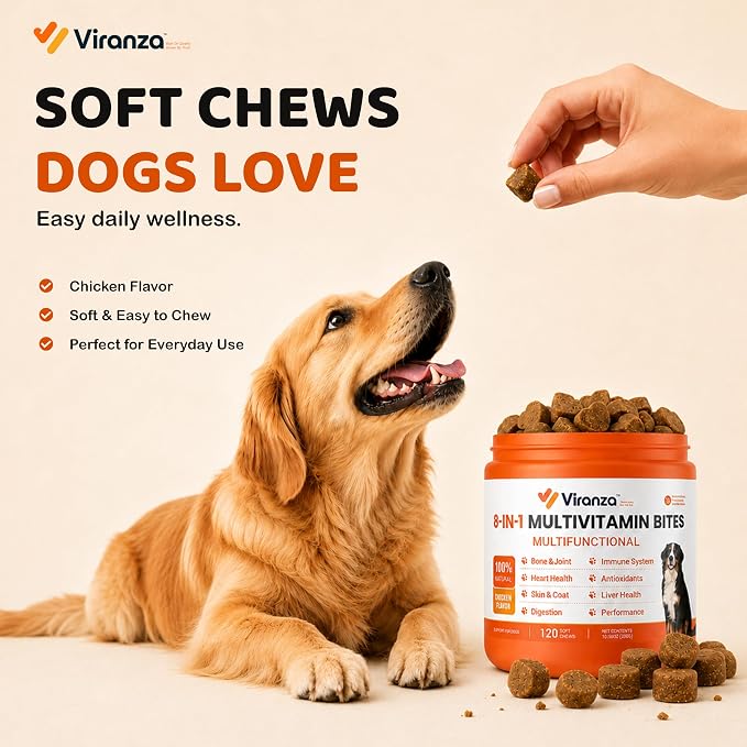 120 Dog Multivitamin | 8-in-1 Dog Allergy Chews | Probiotics for Dogs | Daily Dog Vitamins & Supplements, Chicken Flavor Multivitamin for Digestion, Gut, Hip & Joint, Skin & Coat and Immune Support