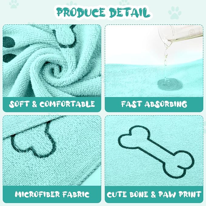 Tatuo 22 Pcs Dog Towels for Drying 20 x 40 Inch Pet Bath Towels Absorbent Microfiber Towel Quick Drying Puppy Bathing Supplies for Small Medium Large Dog Puppy Cat(Teal,Bone Pattern)