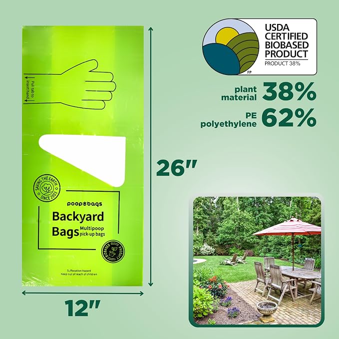 The Original Poop Bags® 38% USDA Certified Plant-Based Arm-Slot Poop Bags – Extra-Large 12x24" Bags with Built-In Arm Slot for Backyard Cleanups – Unscented (32 Count)