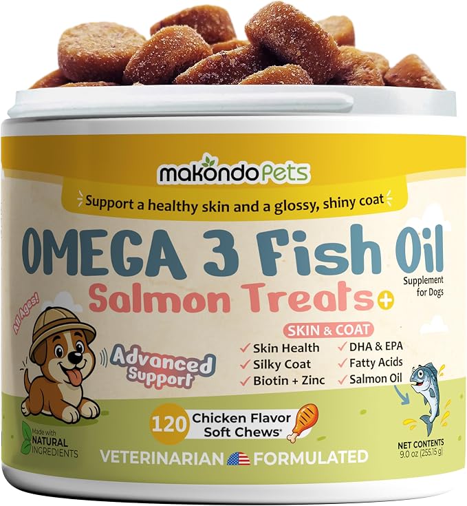 Omega 3 for Dogs Fish Oil Salmon Treats. Dog Skin & Coat Support 120 Chews