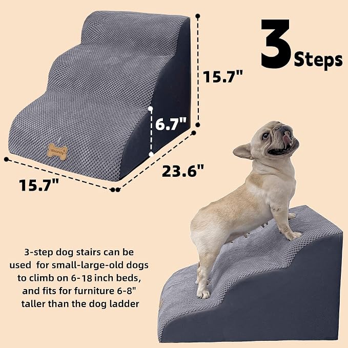 Non-Slip Dog Stairs to High Beds, 3-Step - Cats & Dogs, Grey (23.7*15.8*15.8 IN 33D)