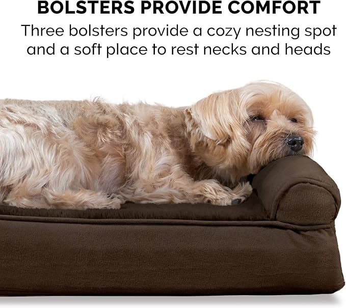 Furhaven Memory Foam Dog Bed for Medium/Small Dogs w/ Removable Bolsters & Washable Cover, For Dogs Up to 35 lbs - Plush & Suede Sofa - Espresso, Medium