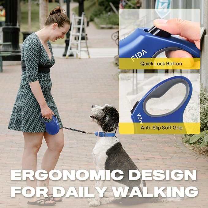 Fida Retractable Dog Leash, 10ft Heavy Duty Pet Walking Leash for X-Small Dog or Cat up to 18 lbs, Tangle Free. One-Hand Brake (X-Small,Navy Blue)