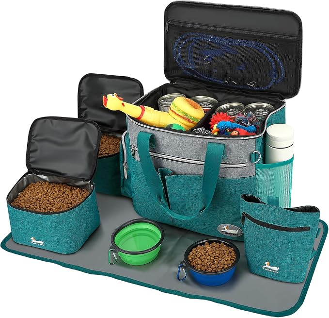 Dog Travel Bag 7-Piece Set with Food Containers, Bowls & Treat Pouch, Teal