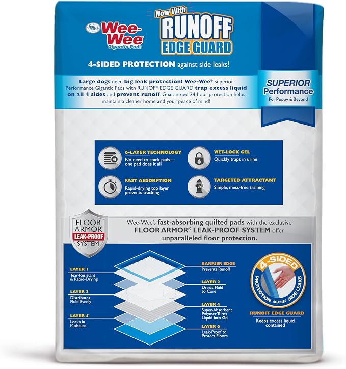 Four Paws Wee-Wee Superior Performance Pee Pads for Dogs with Runoff Barrier Edge Guard Protection, Puppy & Dog Potty Training Pads, Housebreaking Supplies, 27.5" x 44" (8 Count)