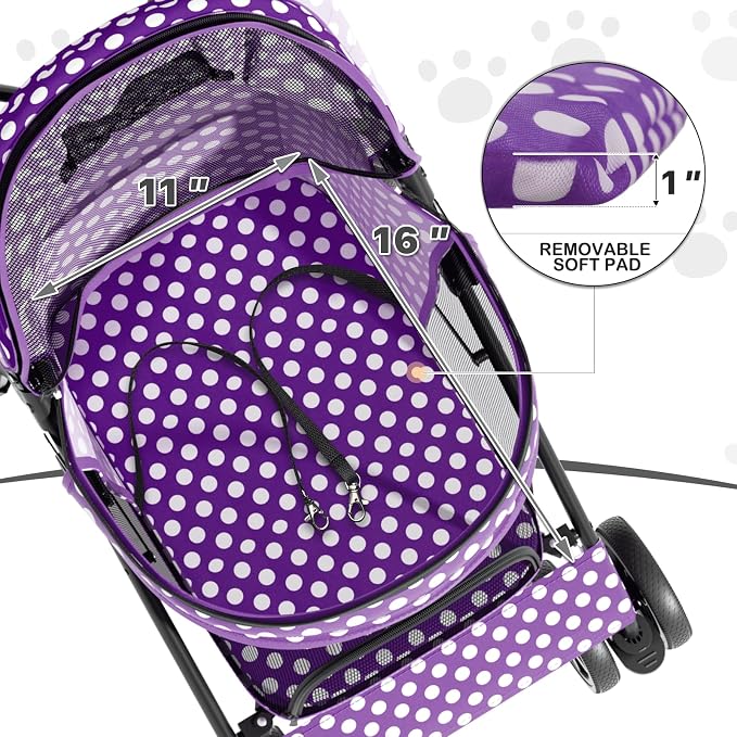 MoNiBloom 4-Wheel Foldable Pet Stroller - Purple Polka Dots
