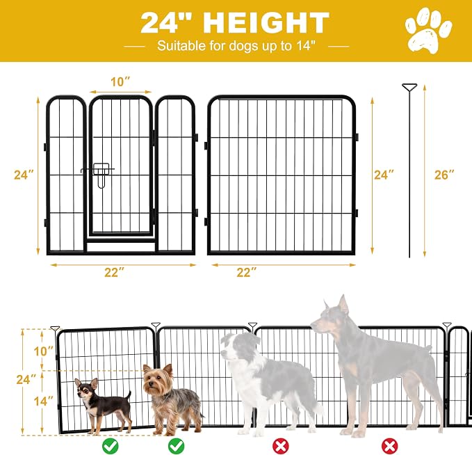 Dog Playpen, Heavy Duty Metal Gate, 24in, 8 Panels, Anti-Rust, Puppy & Small Dogs