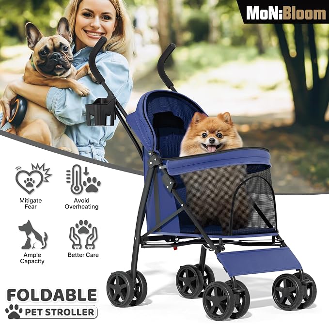 MoNiBloom 4-Wheel Foldable Pet Stroller - Navy Blue, up to 22lbs