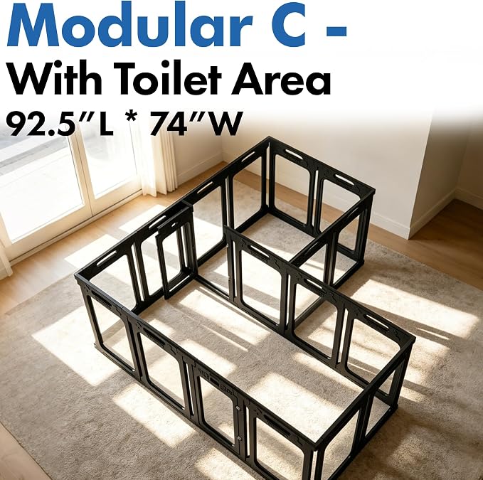 Acrylic Dog Playpen Indoor, Height 30", 20 Panels, Modular 2 Room & Toilet Area, Ideal for Small & Toy Dogs, Black