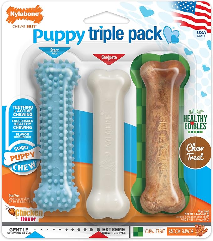 Nylabone New Puppy Starter Kit, Puppy Teething Toys, 3 Pack, Blue | Teething toys for puppies, natural chew treat & toy set for small dogs up to 25 lbs, long lasting chicken & bacon flavor