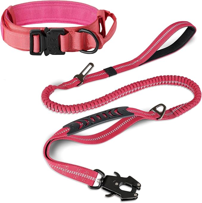 Joytale Tactical Dog Collar(17"-21") and Dog Leash Set, Shock Absorbing Bungee Dog Leash and Adjustable Strong Dog Collar with Handle for Large Dogs(Hotpink, L)