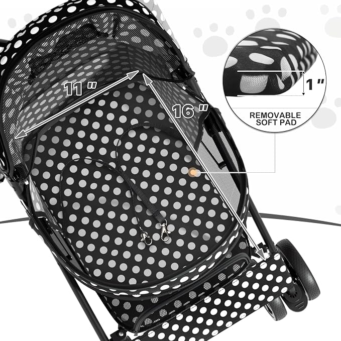 MoNiBloom 4-Wheel Foldable Pet Stroller - Black Polka Dots