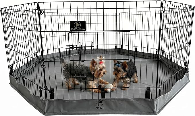 PJYuCien Octagonal Dog Playpen with Bottom Pad - Metal Foldable Exercise Pen, 8 Panels 24" H x 24" W Indoor Outdoor Pet Fence Puppy Crate Kennel, Gray