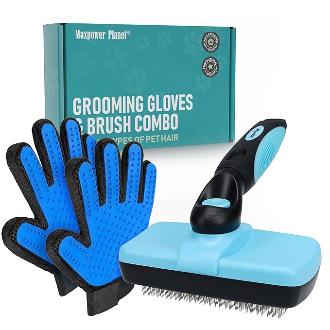 Maxpower Planet Pet Grooming Brush, Shedding Undercoat Rake, Dogs | Blue, Double-Sided Deshedding & Detangling, Gloves Included