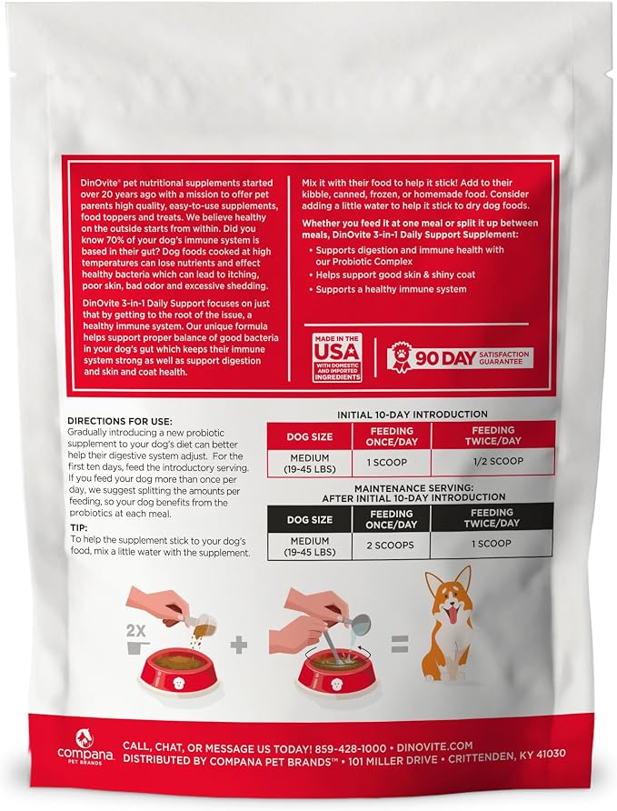 Dinovite Probiotics for Medium Dogs, Probiotic Food Topper, 90 Servings