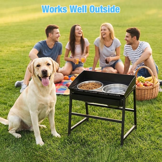Bobbie & Laxi Elevated Dog Bowls for Large Dogs, 15-inch Tall Raised Dog Bowl Stand with Plastic Guard, Tilted Spill Proof Dog Bowl Design, Stainless Steel Food and Water Bowls for Mess-Free Floors