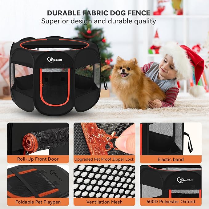 Siedihit Dog Playpen, Puppy Pet Playpens Indoor for Medium Dogs Tent Crates Cage Indoor/Outdoor, Portable Pop Up Dog Kennel Playpen with Carrying Case for Dogs/Cats/Rabbits, Black