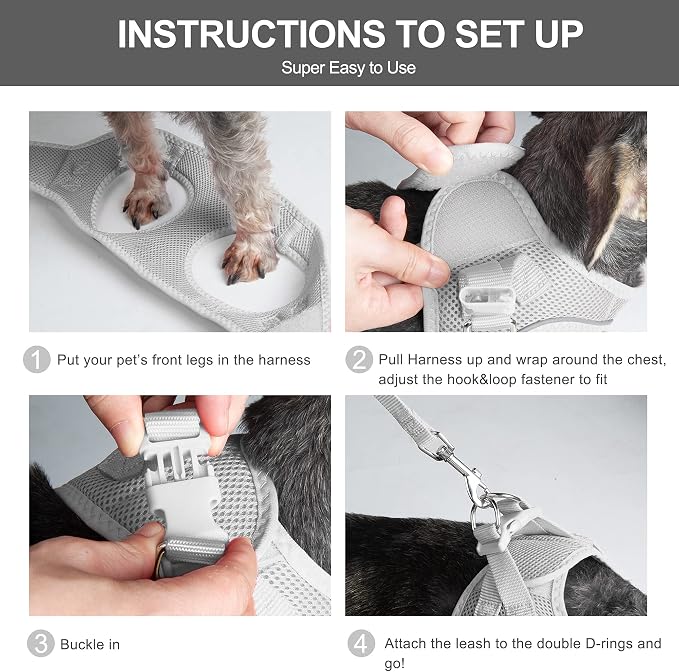 Fida Comfy Dog Harness with Leash, Soft Puppy Vest Escape Proof, Breathable Lightweight Soft Mesh, Adjustable Reflective Step-in Harness for Small & Medium Pet Walking (L, Grey)