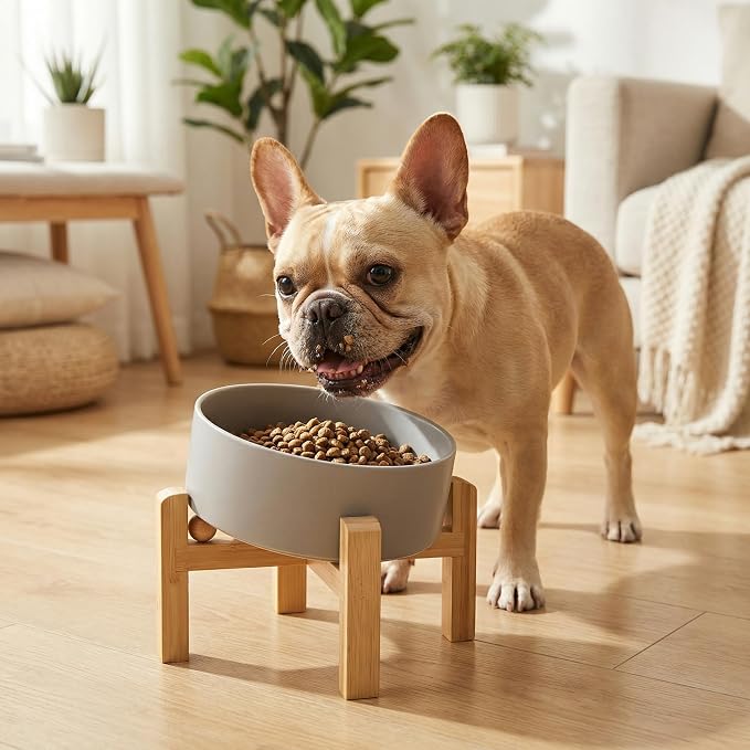 hjn Elevated Ceramic Dog Bowl 15°Slanted Raised Dog Bowl with Bamboo Stand for Small Medium Dogs and Cats, Pet Feeder-3.6-Cup (850ml)-Gray