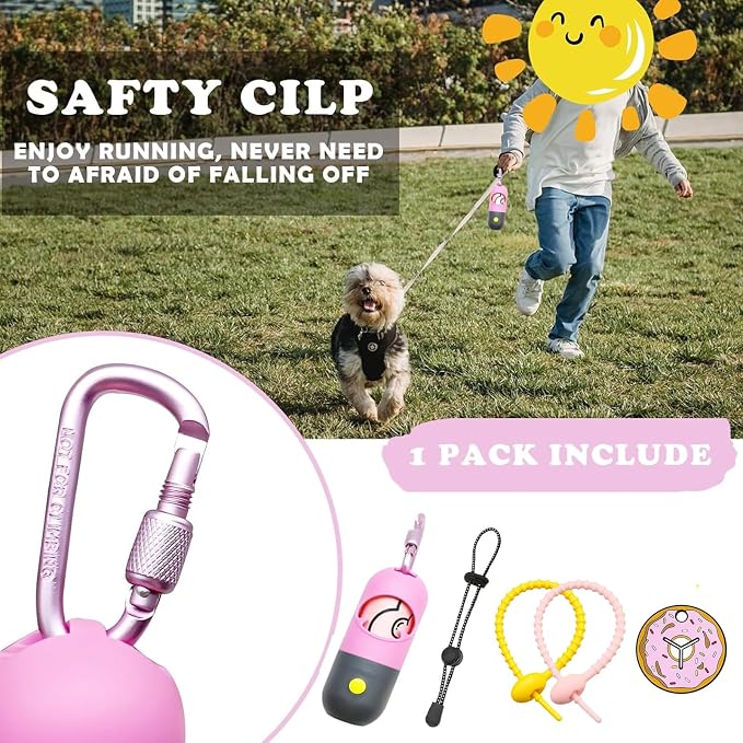 Dog Poop Bag Holder with LED Flashlight for Night Walks,Silicone Tether & Donut Pattern Clip for Used Bags, Hands-Free Metal Leash Carabiner, Includes 15 Scented Waste Bags(Pink)