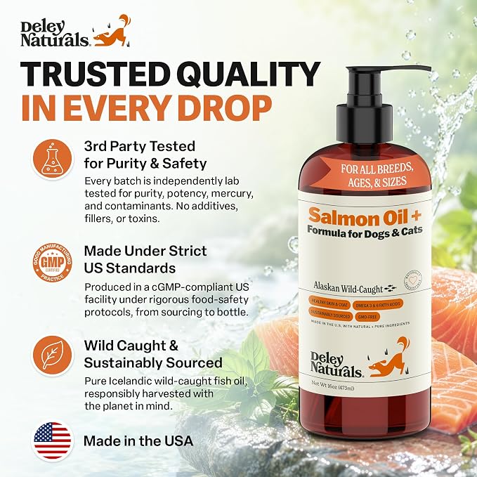 Deley Naturals Wild Alaskan Salmon Oil for Dogs & Cats - New and Improved Salmon Oil Plus Formula - Fish Oil for Dogs with Omega 3, DHA and EPA - Omega 3 for Healthy Skin and Coat - 16oz Made in USA