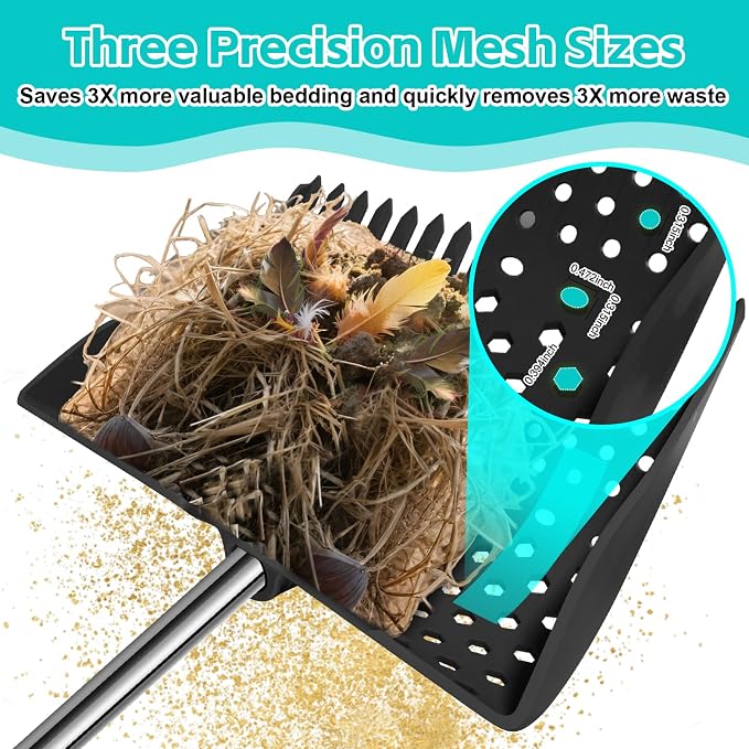 12" 2-in-1 Chicken Poop Scooper & Rake (US Patent No. D1124534), 3-Shape Sifting Holes Chicken Coop Rake, Stainless Steel Handle (20–61") - Litter Scoop Sand & Sifting Shovel (Black)