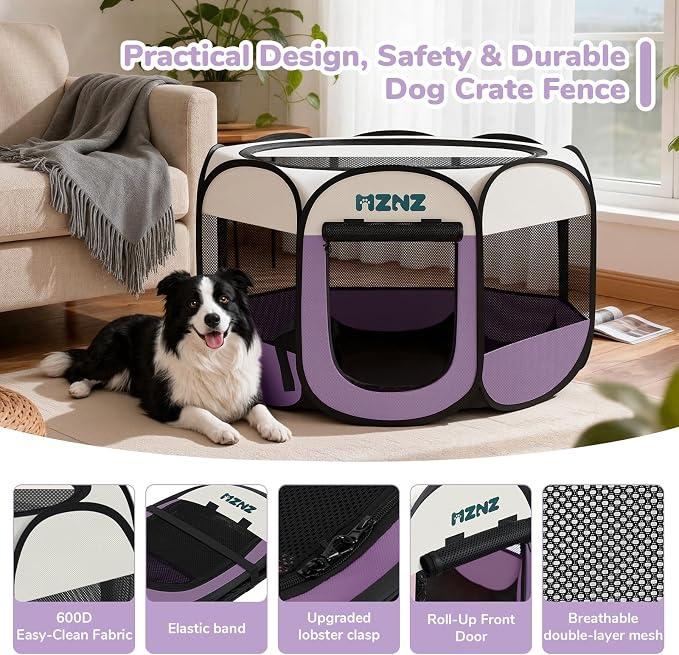 Dog Playpen, Portable Puppy Pet Crate Indoors for Small/Medium/Large Dogs Cats Rabbits, Foldable Dog Cage Enclosure for Outdoor, Pop Up Dogs Tent Kennel with Carrying Case, Purple