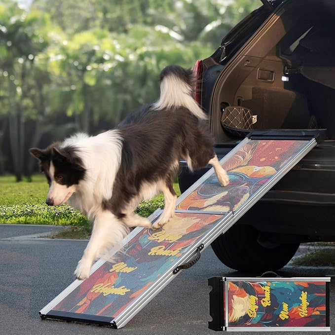COZIWOW Telescoping Dog Car Ramp for Large Dogs - Heavy-Duty Aluminum Pet Ramp with High-Traction Surface, Anti-Slip Steps for Cars/Trucks/SUVs,Adjustable Sizing,330LB Load Capacity (63.5" L)