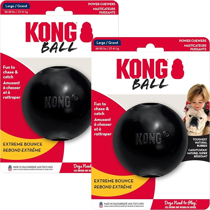 KONG Extreme Ball 2-Pack – Durable Rubber Dog Toy for Power Chewers – Tough Fetch Ball with Hole for Treats – Ideal for Training & Interactive Play – Black (Large)