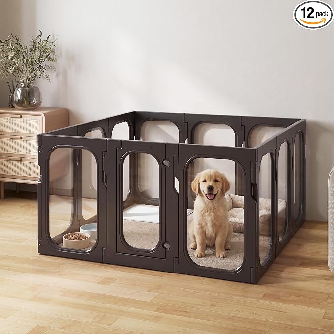 Acrylic Clear Dog Playpen Indoor with Door, 26'' H Transparent Dog Play Pen for Small Dogs, No-Connector Modular Puppy Playpen with Integrated Suction Cups Base, 12 Panels, Black