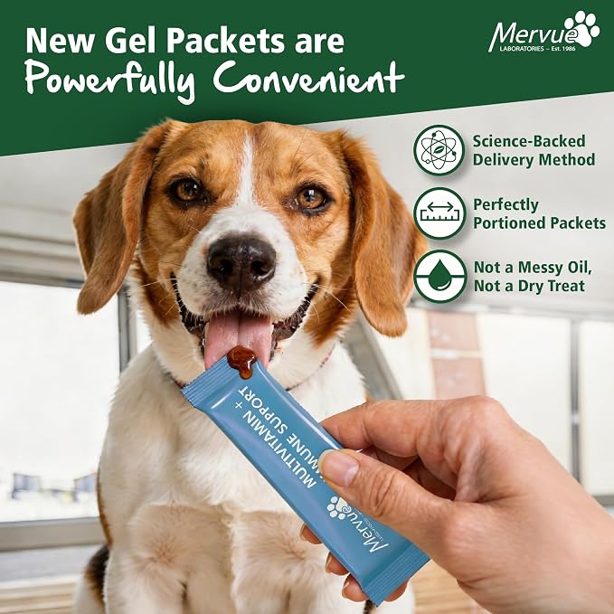 Mervue Multivitamin + Immune Support for Dogs (30 Day Supply) | Pre-Measured Medium Dog Vitamins in Gel Packets – Multivitamin for Dogs w/Beta-Glucans & Vitamin C for Energy & Healthy Coat