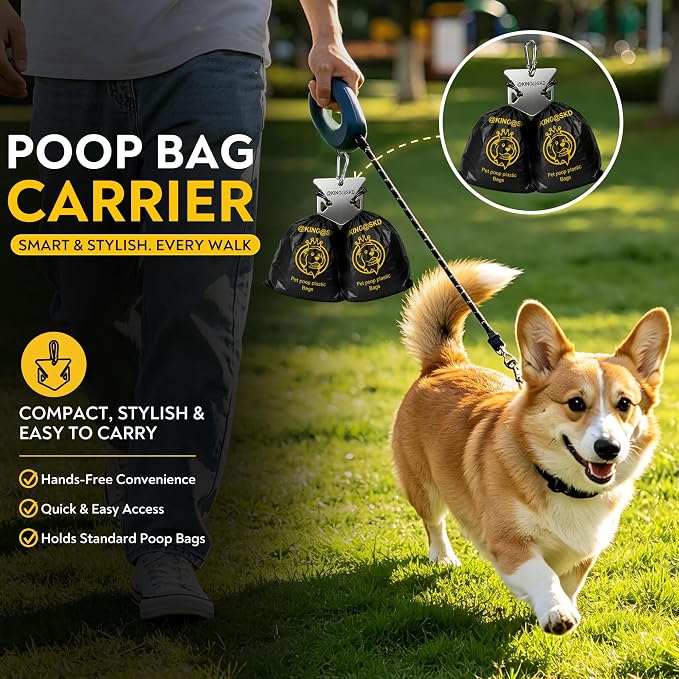 Dog Poop Bag Holder for Leash, Stainless Steel Hands-Free Waste Bag Carrier with Writable Pet ID Tag, Holds Up to 4 Used Bags, Heavy Duty Dog Walking Accessory for Daily Walks & Travel