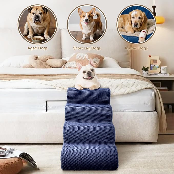 PAWSCRAT Pet Stairs for Dogs 4-Step, 19.6" H Pet Stairs for High Bed, Couch Sofa & Chair, 30D Material Soft Foam Dog Steps with Non-Slip Bottom Surface Removable Washable Cover, Blue