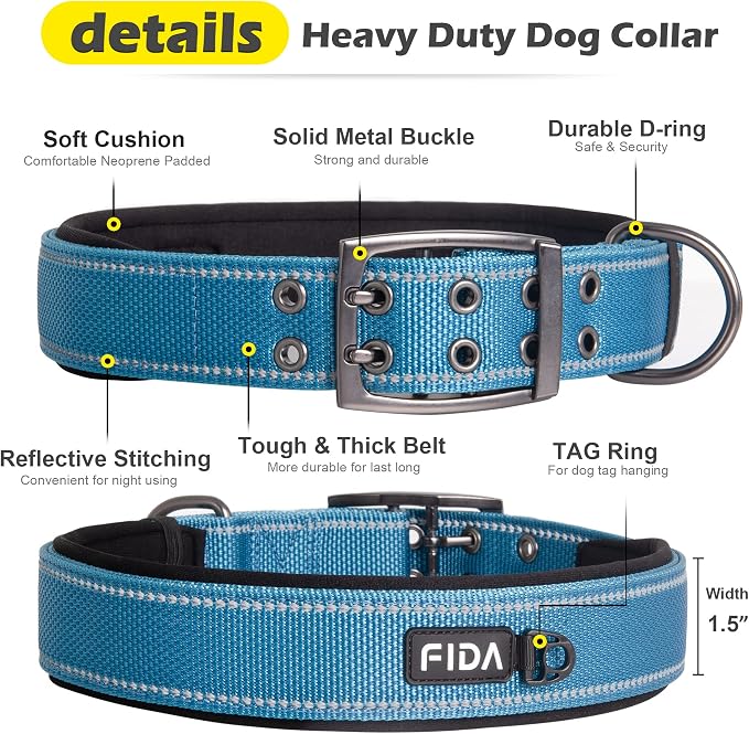 Fida Heavy Duty Dog Collar for Large Dogs with Metal Belt Buckle, Blue | 1.5" Width, Soft Neoprene Padded, Thicker Nylon Webbing, Adjustable Fit, Reflective Stitching for Night Safety