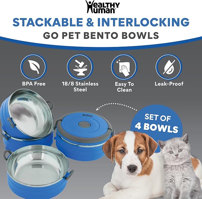 Healthy Human Travel Pet Bento Bowls, 4 Pack, Blue