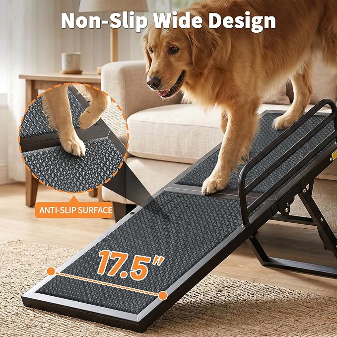 Dog Ramp for Bed, 5-Level Adjustable Pet Ramp with Side Safety Rails, 13.4"–18.3" Height Adjustable Foldable Ramp for Small to Large Dogs