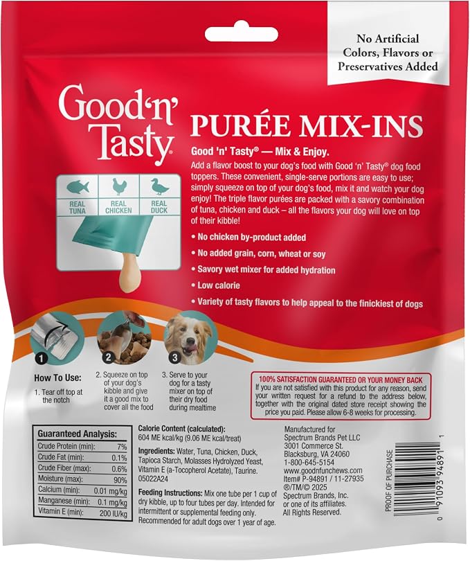 Good 'n' Tasty Triple Flavor Puree Mix-Ins Dog Food Topper Treats for All Dogs, 28 Count, Easy Single-Serve Portions, Added Protein with Tuna, Chicken and Duck