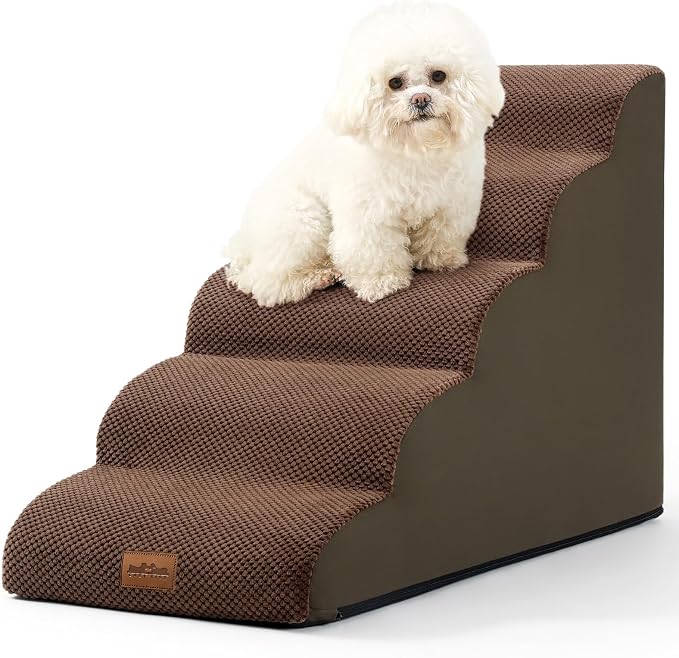 COZY KISS Wide Dog Stair for Small Dog 22.6" H, 5 Step Pet Ramp for Bed | Curved Stable Dog Step for Puppy, Older Cat, Senior, Medium, Short-Legged Dog, Non-Slip Ladder for Car, Brown