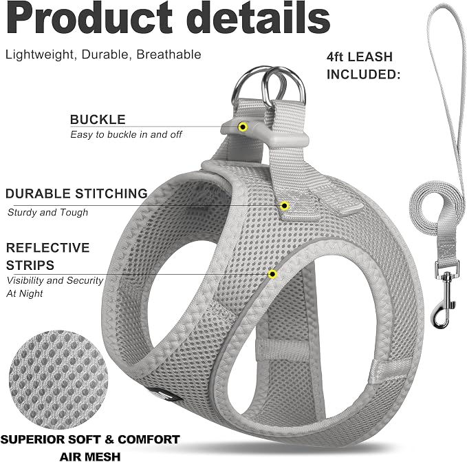 Fida Comfy Dog Harness with Leash, Soft Puppy Vest Escape Proof, Breathable Lightweight Soft Mesh, Adjustable Reflective Step-in Harness for Small & Medium Pet Walking (L, Grey)