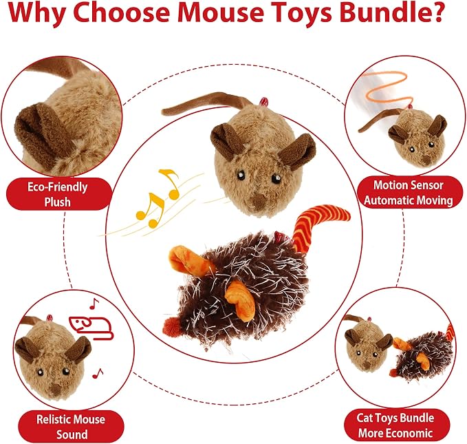 Gigwi Automatic Moving Cat Mice Toys 2 Pack, Interactive Chase Toys for Cat | Electronic Motion-Activated Mouse Squeaky Toy, Brown & Orange Colors, Cat Hunting Toy Great for Indoor & Outdoor Exercise