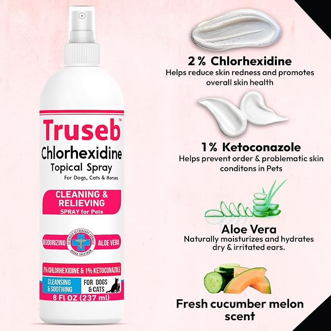 Truseb Medicated Topical Ketoconazole and Chlorhexidine Spray for Dogs, Cats, and Horses with Essential Fatty Acids, Ketoconazole Spray Aloe and Vitamin E (Ketoconazole & Chlorhexidine Spray, 16 oz)