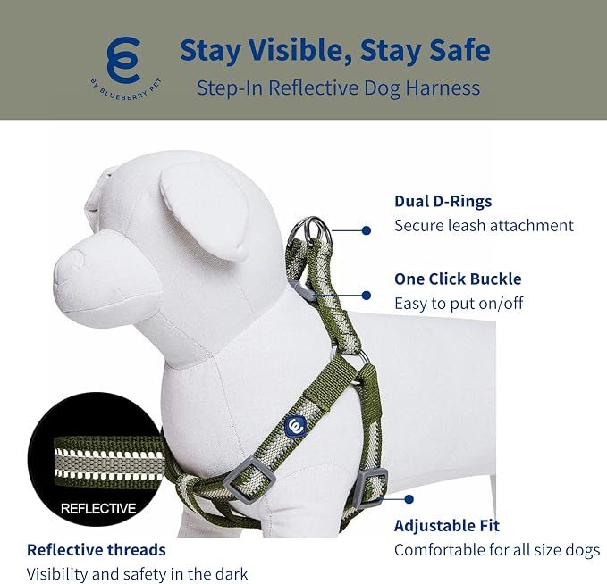 Blueberry Pet Essentials Step-in Reflective Back to Basics Dog Harness, Dark Olive, Chest Girth 16.5" - 21.5", Small, Adjustable Harnesses for Dogs