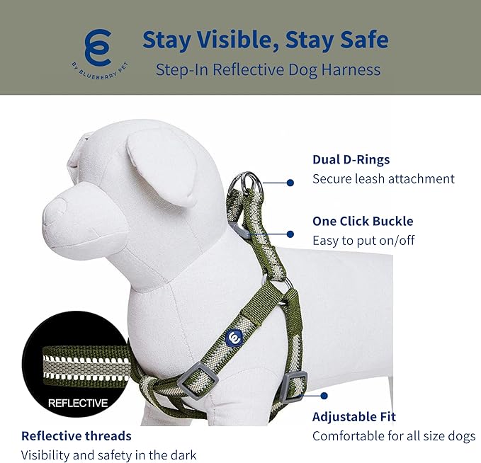 Blueberry Pet Essentials Step-in Reflective Back to Basics Dog Harness, Dark Olive, Chest Girth 26" - 39", Large, Adjustable Harnesses for Dogs