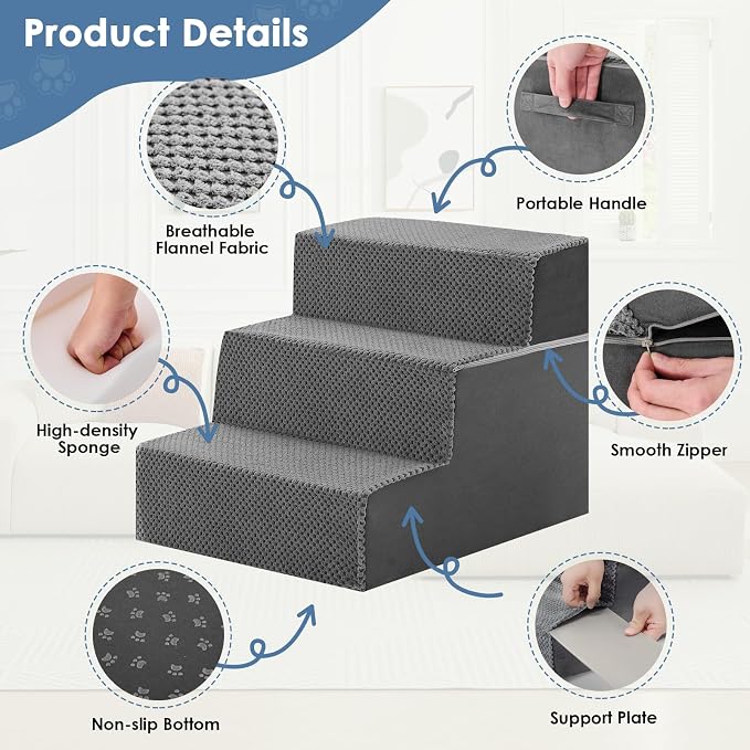 DUMOS Dog Stairs for Small and Medium Dogs, 3-Step Pet Steps with High-Density Foam, Indoor Non-Slip Pet Ramp for Puppy and Older Dogs Cats, Dog Bed Stairs for Couch and Sofa, Grey