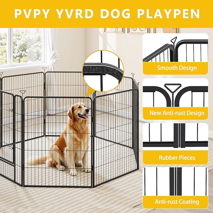 Heavy-Duty Iron Dog Playpen, Outdoor/Indoor, 32in, 8 Panels, Black Silver