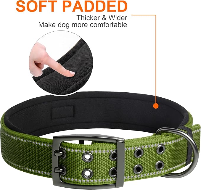 Fida Heavy Duty Dog Collar for Large Dogs with Metal Belt Buckle, Green | 1.5" Width, Soft Neoprene Padded, Thicker Nylon Webbing, Adjustable Fit, Reflective Stitching for Night Safety